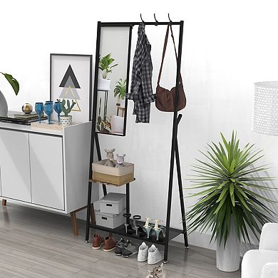 Pnronnc Hall Tree Metal Coat Rack with Mirror, Shoe Storage and Hooks, for Entryway Living Room