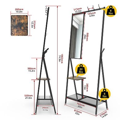 Pnronnc Hall Tree Metal Coat Rack with Mirror, Shoe Storage and Hooks, for Entryway Living Room