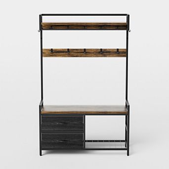Pnronnc Metal Frame Hall Tree Entryway Storage Bench with 23 Hooks, 2 Movable Drawers, Shoe Cabinet