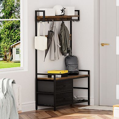Pnronnc Metal Frame Hall Tree Entryway Storage Bench with 23 Hooks, 2 Movable Drawers, Shoe Cabinet
