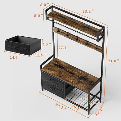 Pnronnc Metal Frame Hall Tree Entryway Storage Bench with 23 Hooks, 2 Movable Drawers, Shoe Cabinet