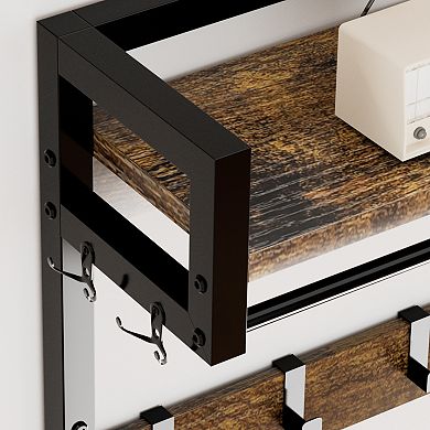 Pnronnc Metal Frame Hall Tree Entryway Storage Bench with 23 Hooks, 2 Movable Drawers, Shoe Cabinet
