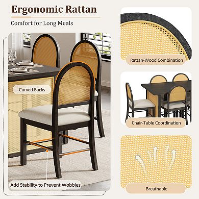 Pnronnc 7-Piece Farmhouse Dining Table Set with Rattan Chairs and Distressed Oak Table