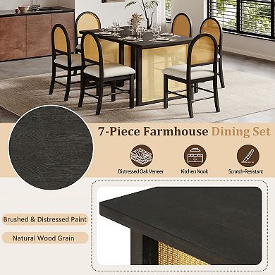 Pnronnc 7-Piece Farmhouse Dining Table Set with Rattan Chairs and Distressed Oak Table