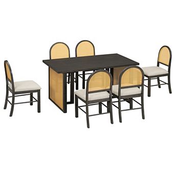 Pnronnc 7 pc Farmhouse Dining Table Set with Rattan Chairs and Distressed Oak Table