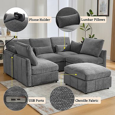 Pnronnc Modular Sectional Sofa, U Shaped Sofa Couch with Ottoman, USB Ports and Phone Holder