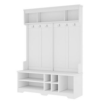 Pnronnc Entryway Hall Tree with Bench Open Shoe Storage, Coat Rack Organizer with 6 Hooks 3 Cubbies