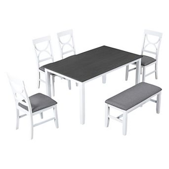 Pnronnc 6 pc Dining Table Set, Wooden Kitchen Table Set with Bench and 4 Chairs