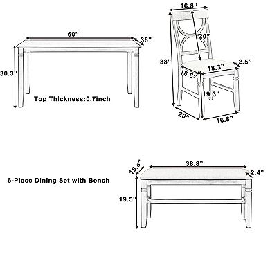Pnronnc 6-Piece Dining Table Set, Wooden Kitchen Table Set with Bench and 4 Chairs