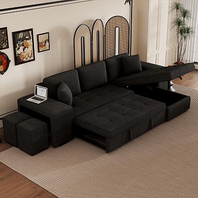 Pnronnc Reversible Sleeper Sofa, L Shape Sectional Sofa with Storage Chaise and 2 Stools