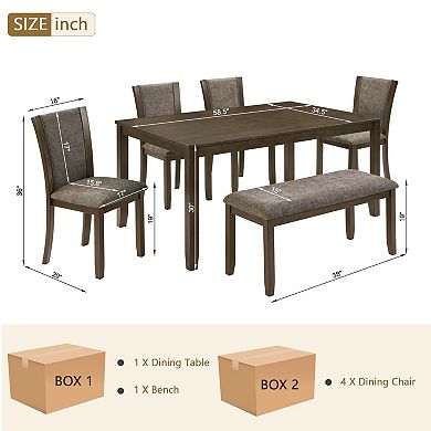 Pnronnc 6-Piece Wooden Dining Table Set, Kitchen Table Set with Bench and 4 Chairs