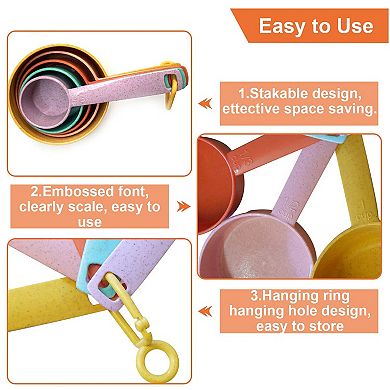 Plastic measuring cup and spoon set, stackable, assorted colors