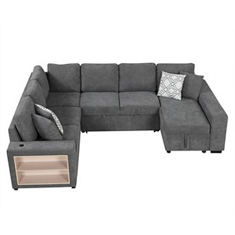Pnronnc U Shaped Sectional Sofa, Pull Out Sofa Bed with Four Back Pillows and USB Ports