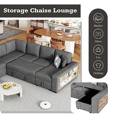 Pnronnc U Shaped Sectional Sofa, Pull Out Sofa Bed with Four Back Pillows and USB Ports