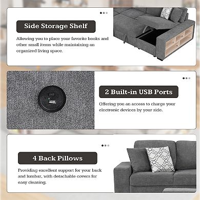 Pnronnc U Shaped Sectional Sofa, Pull Out Sofa Bed with Four Back Pillows and USB Ports