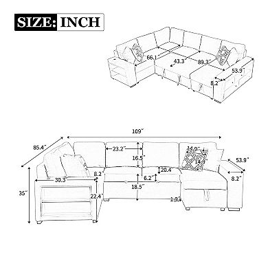 Pnronnc U Shaped Sectional Sofa, Pull Out Sofa Bed with Four Back Pillows and USB Ports