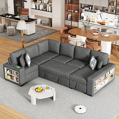 Pnronnc U Shaped Sectional Sofa, Pull Out Sofa Bed with Four Back Pillows and USB Ports