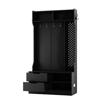 Pnronnc Entryway Hall Tree with Hooks, Motion Sensor Light, 2 Drawers, Open Shelves, Black