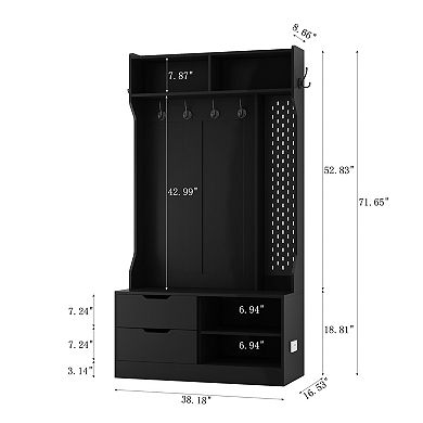 Pnronnc Entryway Hall Tree with Hooks, Motion Sensor Light, 2 Drawers, Open Shelves, Black