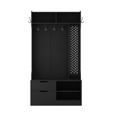Pnronnc Entryway Hall Tree with Hooks, Motion Sensor Light, 2 Drawers, Open Shelves, Black