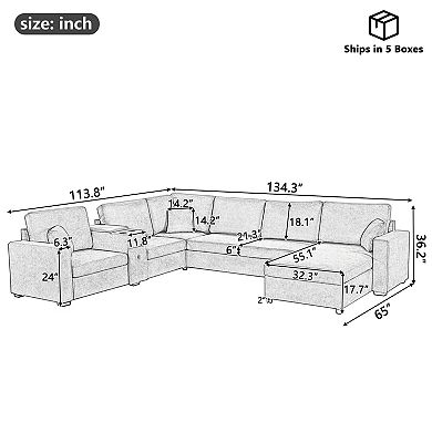 Pnronnc Modular Sectional Sofa Couch, U-Shaped Sofa with Chaise Lounge, Storage Drawer & Cup Holders