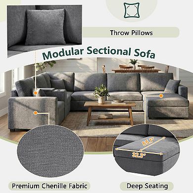 Pnronnc Modular Sectional Sofa Couch, U-Shaped Sofa with Chaise Lounge, Storage Drawer & Cup Holders