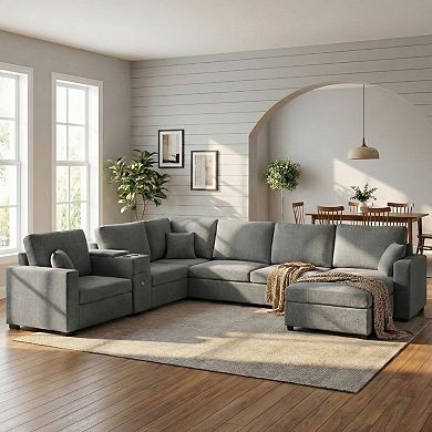 Pnronnc Modular Sectional Sofa Couch, U-Shaped Sofa with Chaise Lounge, Storage Drawer & Cup Holders