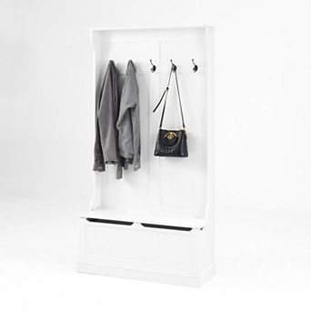 Pnronnc Hall Tree Entryway Bench with Coat Rack, Shoe Storage Compartment and 5 Hooks for Hallway