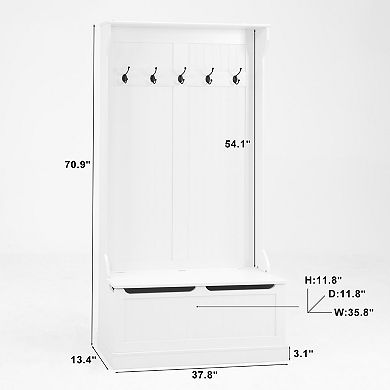 Pnronnc Hall Tree Entryway Bench with Coat Rack, Shoe Storage Compartment and 5 Hooks for Hallway