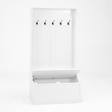 Pnronnc Hall Tree Entryway Bench with Coat Rack, Shoe Storage Compartment and 5 Hooks for Hallway