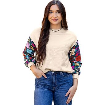 Contrast Floral Sleeve Textured Drop Shoulder Knit Top