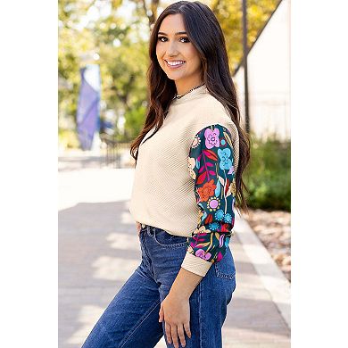 Contrast Floral Sleeve Textured Drop Shoulder Knit Top