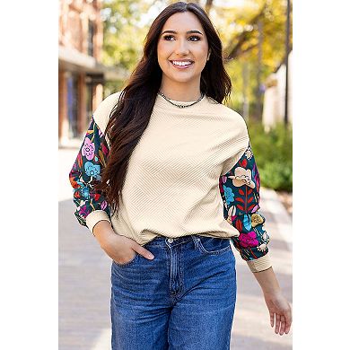 Contrast Floral Sleeve Textured Drop Shoulder Knit Top