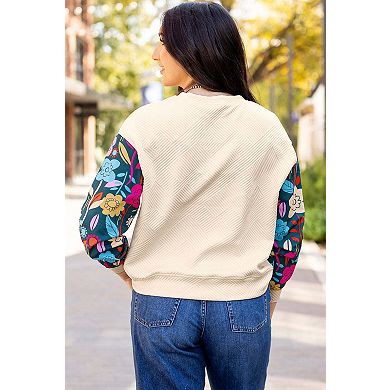 Contrast Floral Sleeve Textured Drop Shoulder Knit Top
