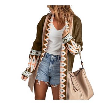 Brown Checkered Floral Print Striped Sleeve Sweater