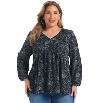 Women's Plus Size Babydoll Blouses V Neck Lantern Sleeve Knit Fashion Floral Printed Tops