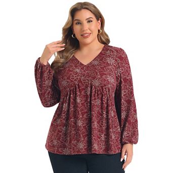 Women's Plus Size Babydoll Blouses V Neck Lantern Sleeve Knit Fashion Floral Printed Tops