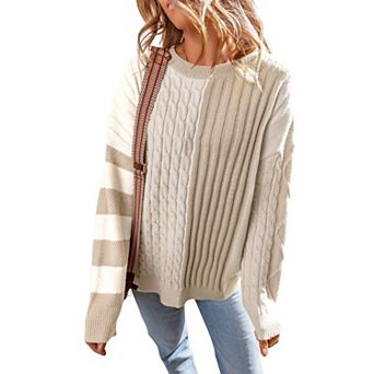 Cable Knit Colorblock Crew Neck Drop Shoulder Sweater