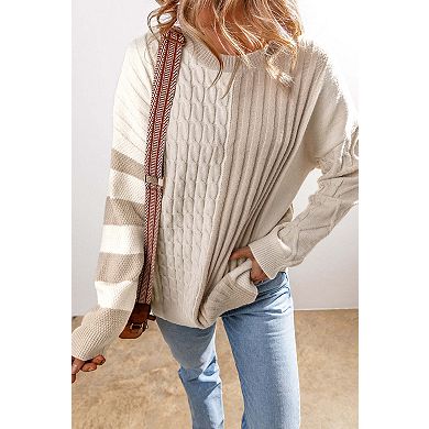 Cable Knit Colorblock Crew Neck Drop Shoulder Sweater