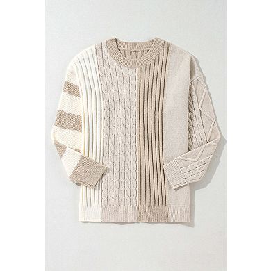Cable Knit Colorblock Crew Neck Drop Shoulder Sweater