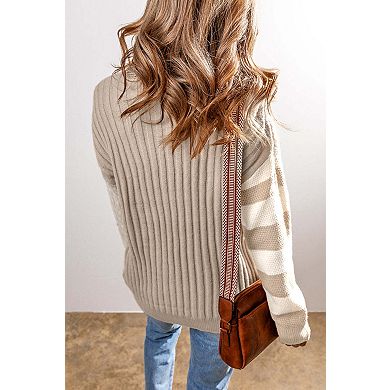Cable Knit Colorblock Crew Neck Drop Shoulder Sweater