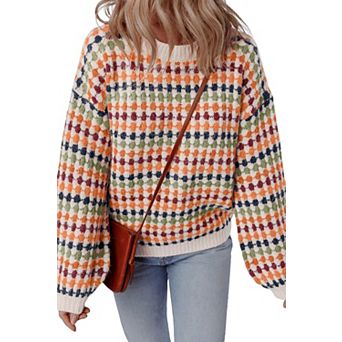 Dotty Striped Pattern Knit Drop Shoulder Sweater