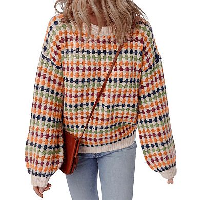 Dotty Striped Pattern Knit Drop Shoulder Sweater
