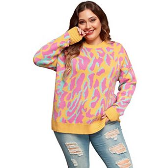 Plus Size Leopard Ribbed Trim Sweater