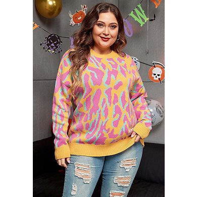 Plus Size Leopard Ribbed Trim Sweater