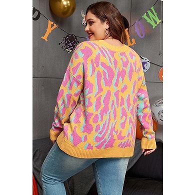 Plus Size Leopard Ribbed Trim Sweater