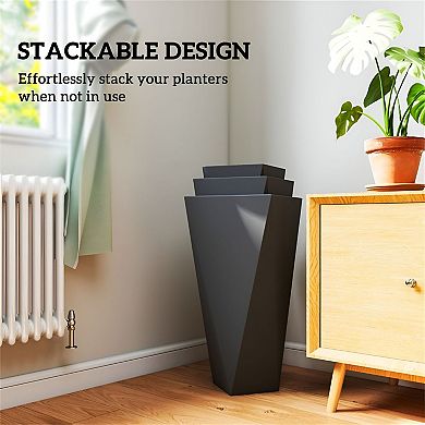 Set of 3 Stackable Tall Planters with Drainage Holes for Indoor or Outdoor Use