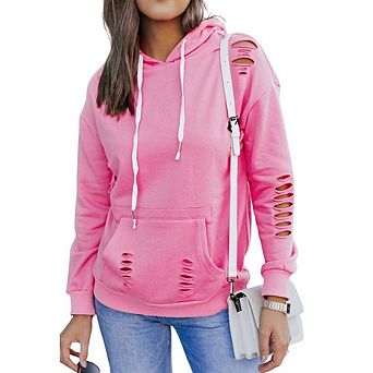 Solid Ripped Hooded Sweatshirt with Kangaroo Pocket