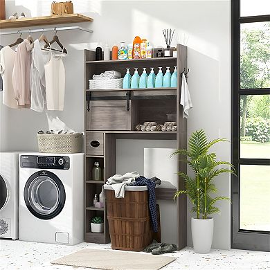 Freestanding Over Toilet Bathroom Cabinet with Open Shelves and Door