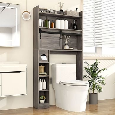 Freestanding Over Toilet Bathroom Cabinet with Open Shelves and Door